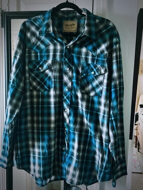 Wrangler Teal and Black Plaid Long-Sleeve Pearl Button-Front Shirt